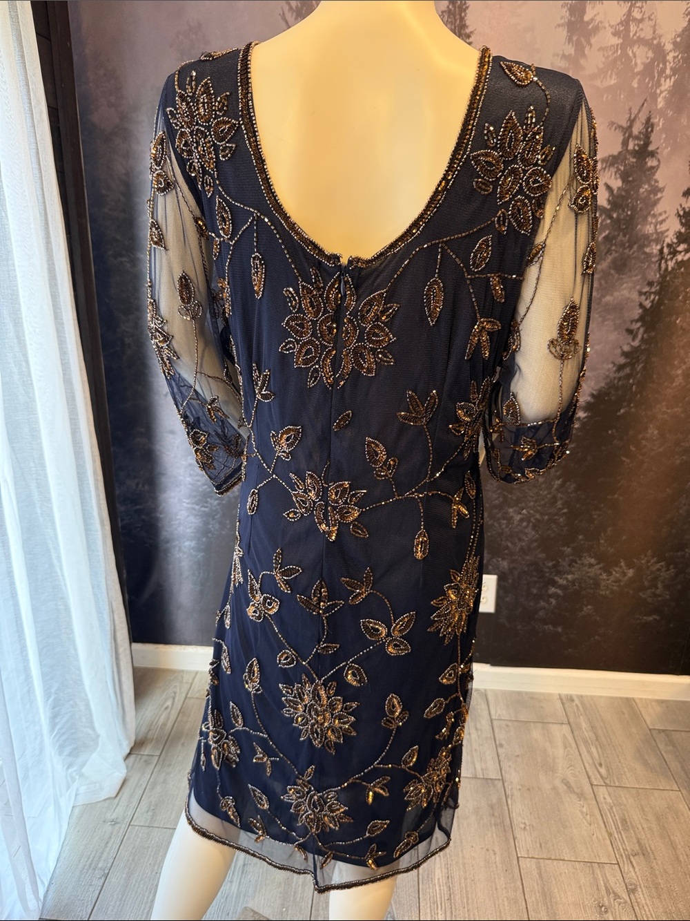 Pisarro Nights Navy Blue Midi Dress with Gold Floral Embroidery beads and sequin - Picture 9 of 15